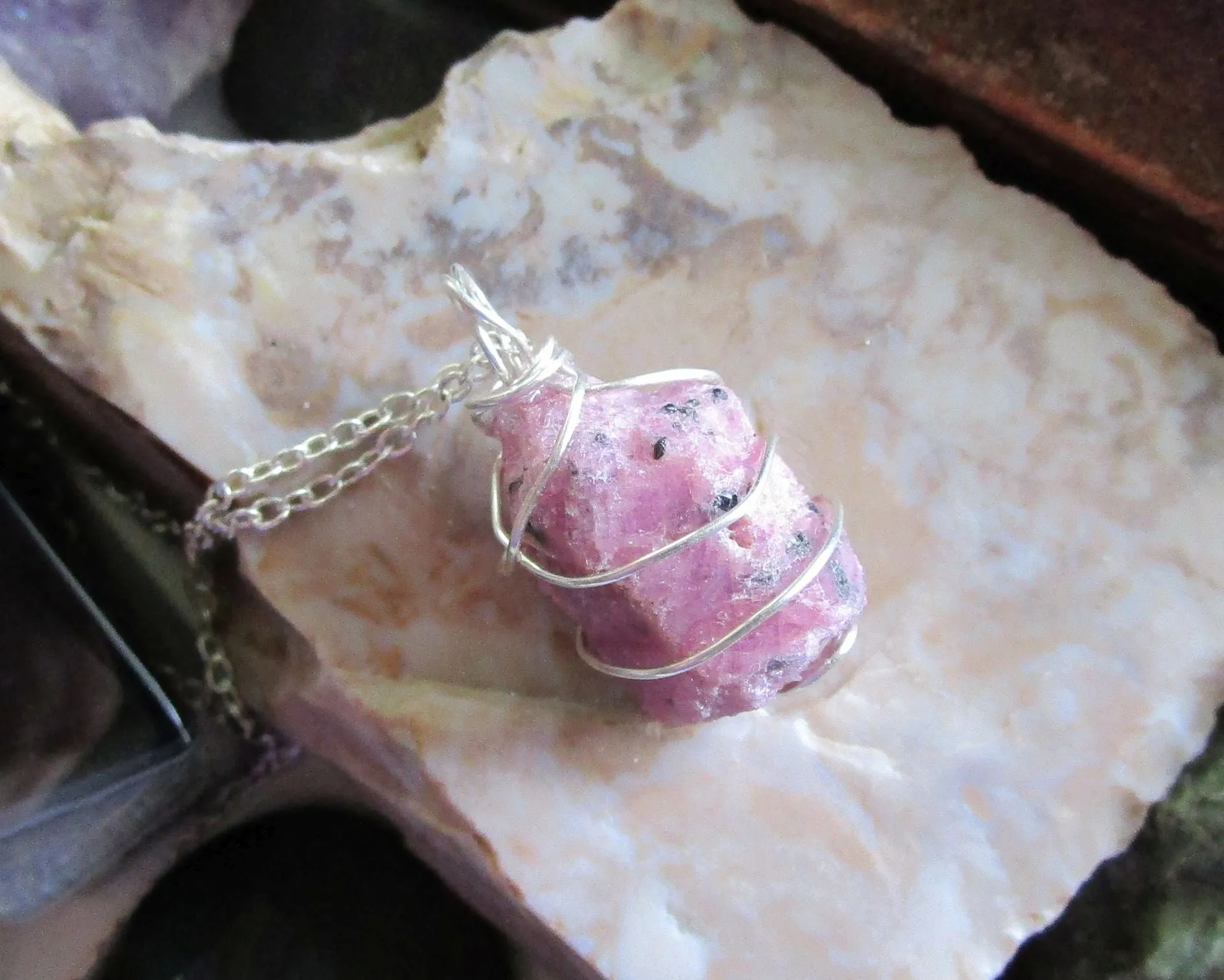 Pink Ruby Raw Natural Gemstone Crystal Pendant Necklace