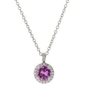 Pink Sapphire and Diamond Halo Pendant Necklace