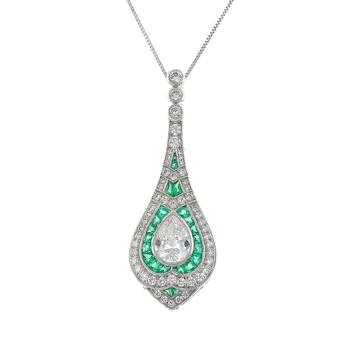 Platinum Diamond and Emerald Pendant Necklace