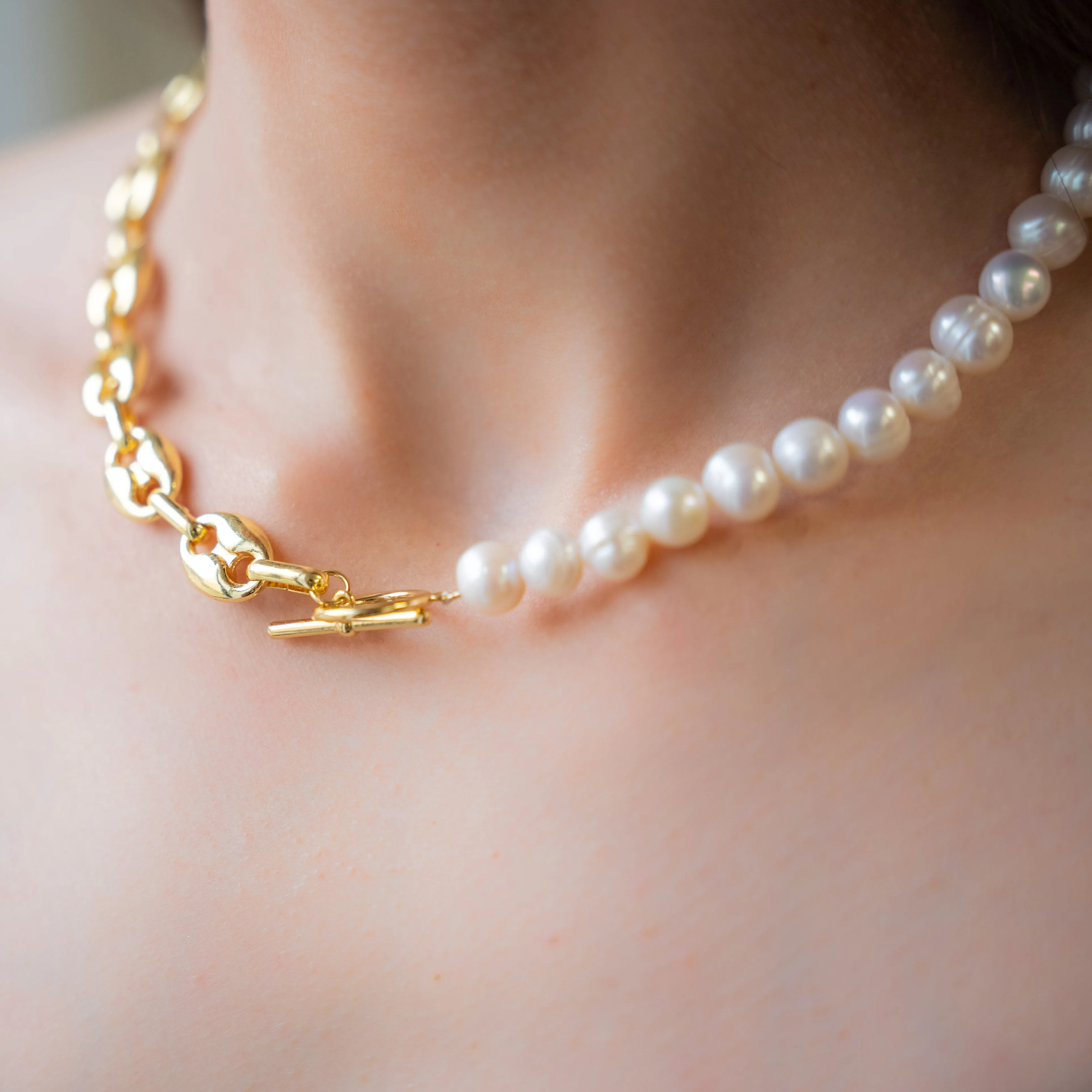 Pop Top Pearl Necklace 18k Gold Plated Beads With Freshwater Pearls