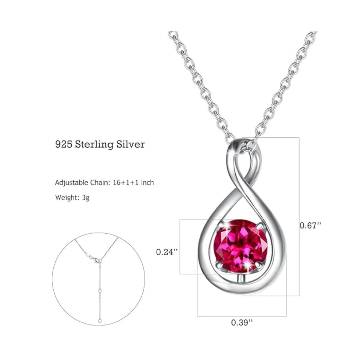 "Infinite Embrace" July Birthstone Ruby Stone Infinity Symbol Sterling Silver Pendant Necklace