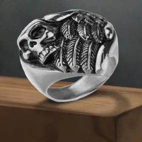 R196 Stainless Steel Feather Wings Skull Biker Ring