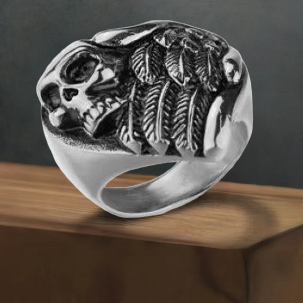 R196 Stainless Steel Feather Wings Skull Biker Ring