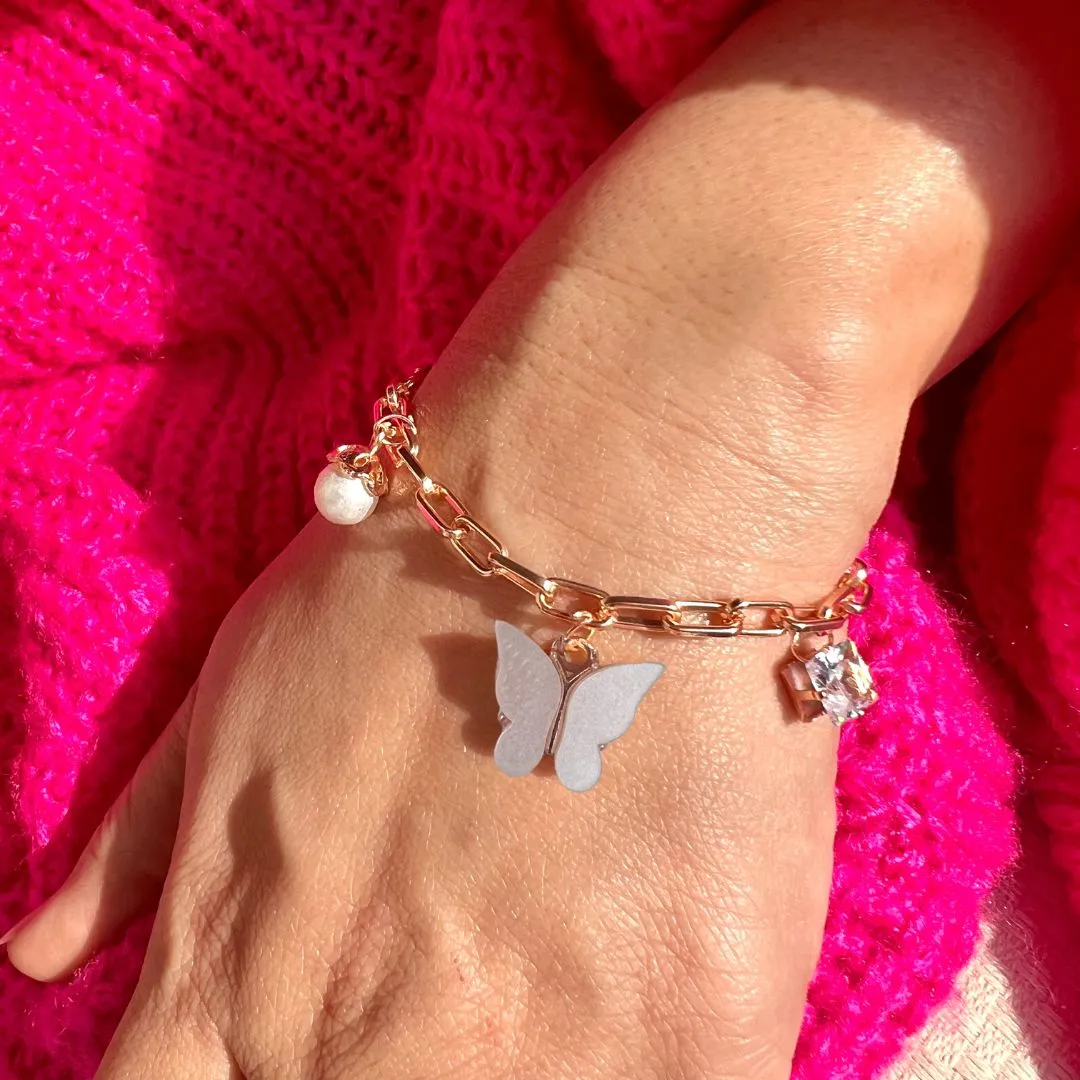 Rack Jack Rose Gold Plated Charms Bracelet Butterfly Pearl Diamond Adjustable Free Size | Birthday Gift for Girls and Women Anniversary Gift for Wife - White