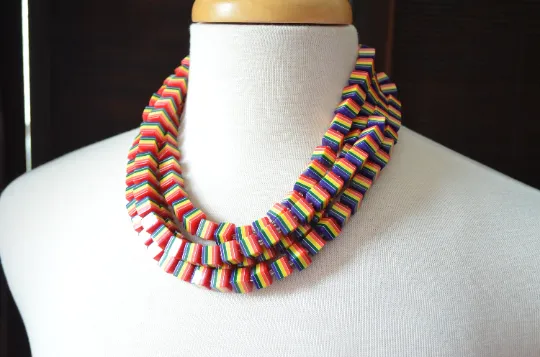 Rainbow Multi Color Stripe Cube Bead Chunky Multi Strand Statement Necklace - Amanda