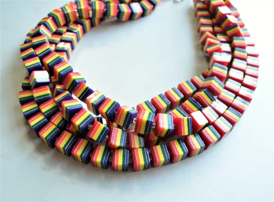 Rainbow Multi Color Stripe Cube Bead Chunky Multi Strand Statement Necklace - Amanda