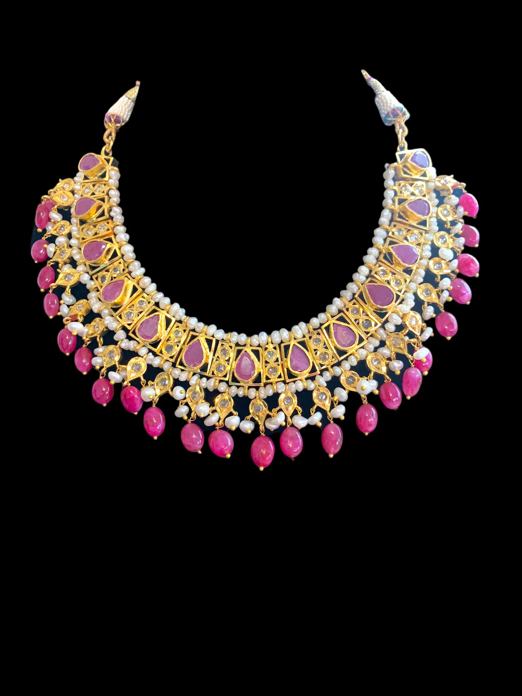 RAKIBA gold plated silver necklace set in ruby with fresh water pearls ( READY TO SHIP )