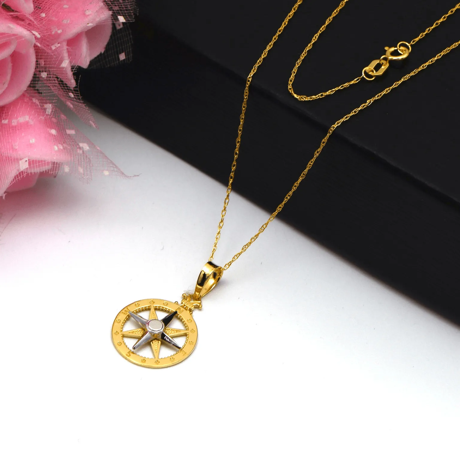 Real Gold 2 color Round Compass Star Necklace 1235-YM CWP 1921