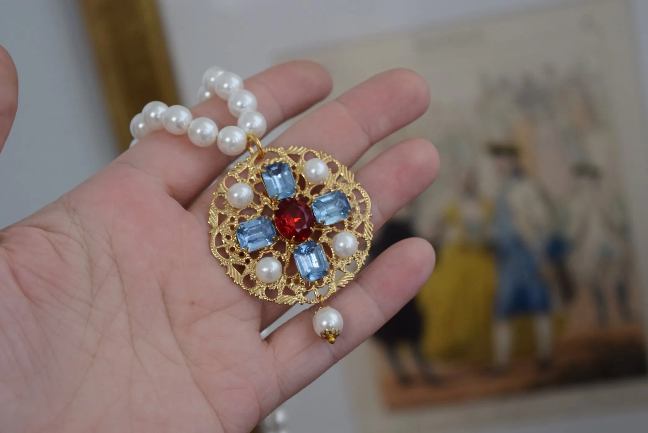 Renaissance Pendant or Necklace - Blue, Red, and Pearl on Filigree