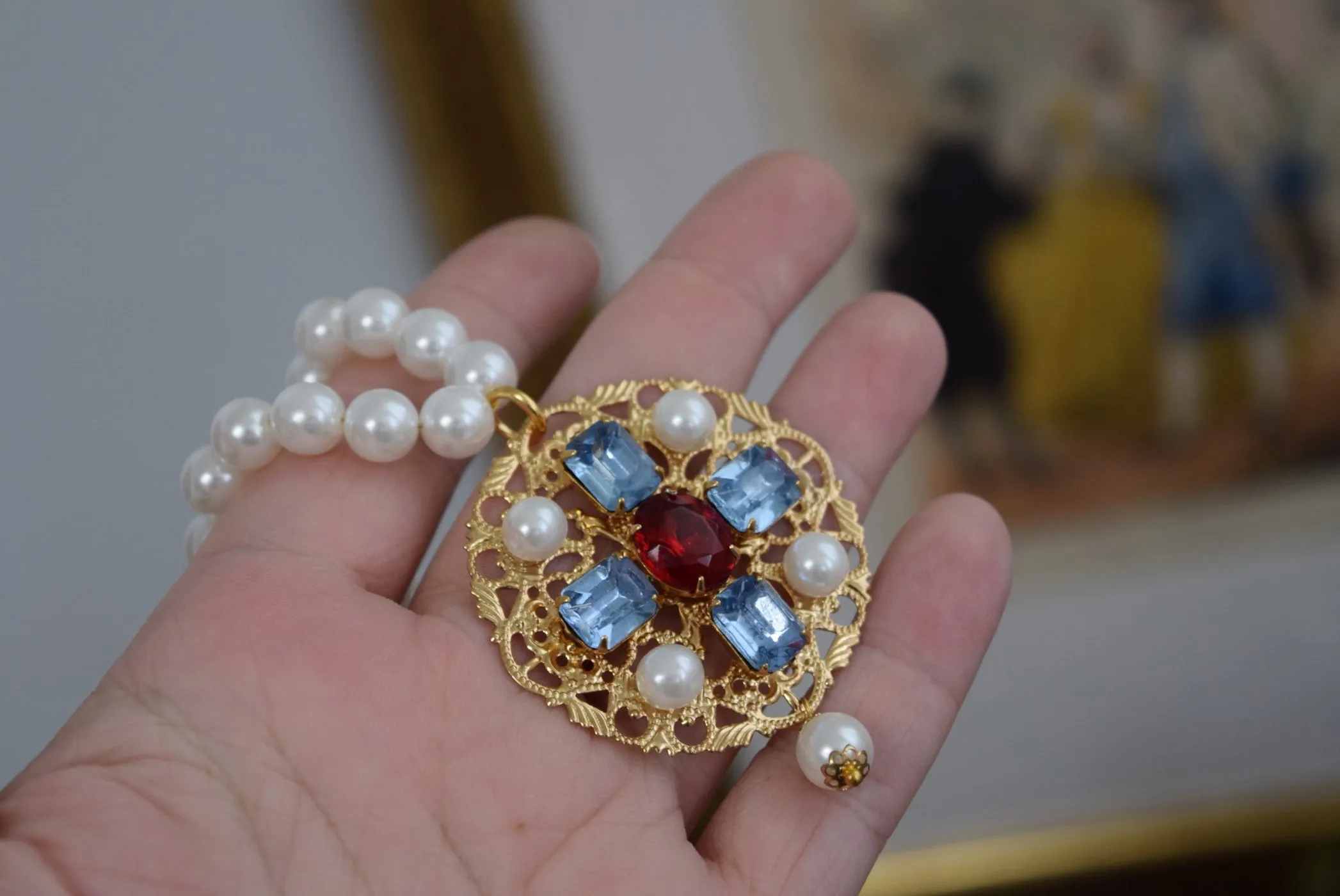 Renaissance Pendant or Necklace - Blue, Red, and Pearl on Filigree