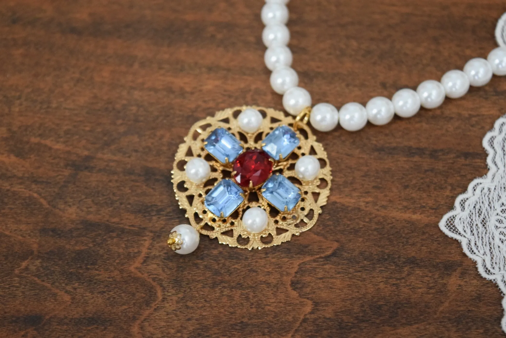 Renaissance Pendant or Necklace - Blue, Red, and Pearl on Filigree