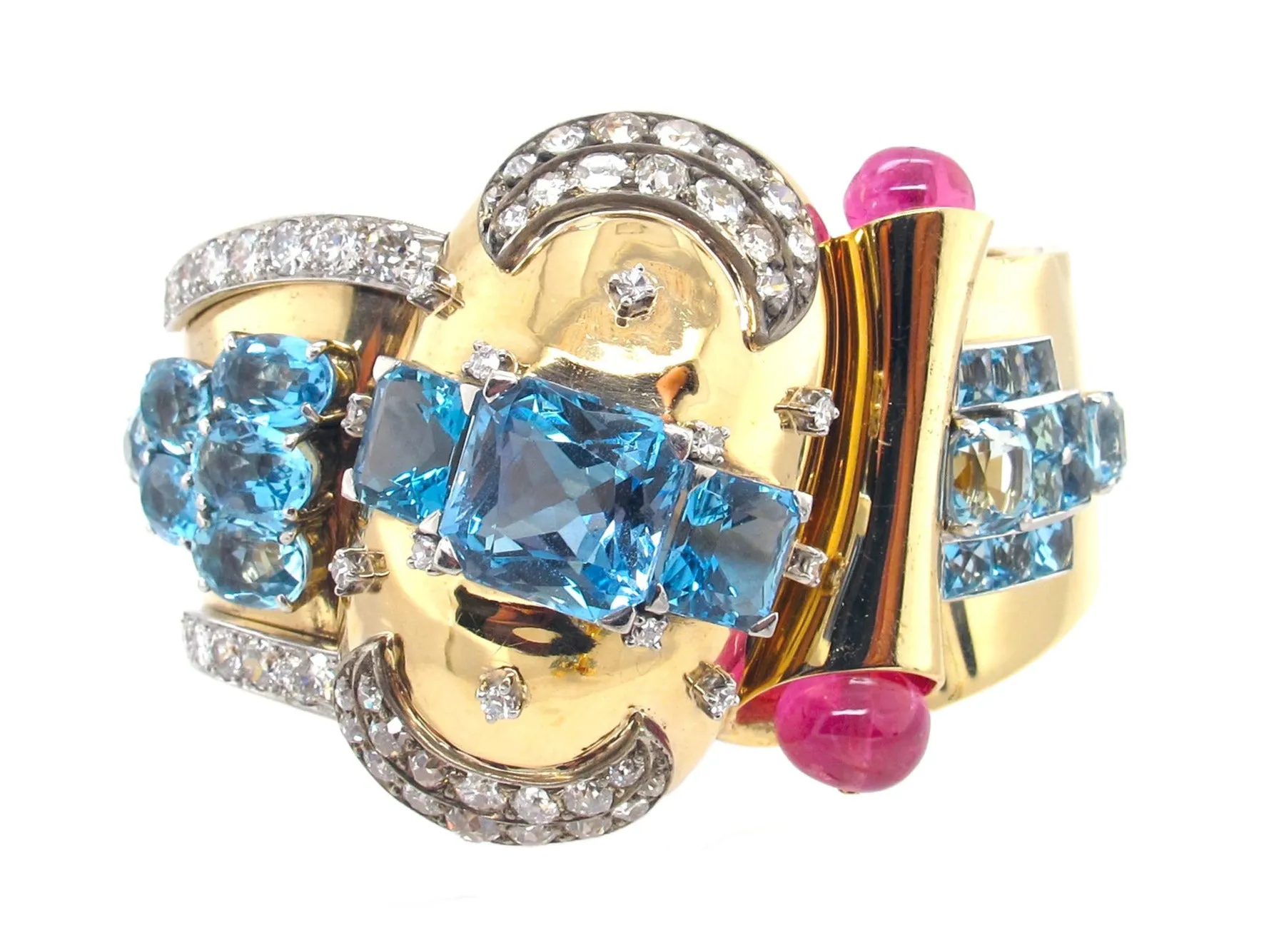 Retro gold, diamond, aquamarine, ruby and diamond cuff bracelet, 1940 c.a.