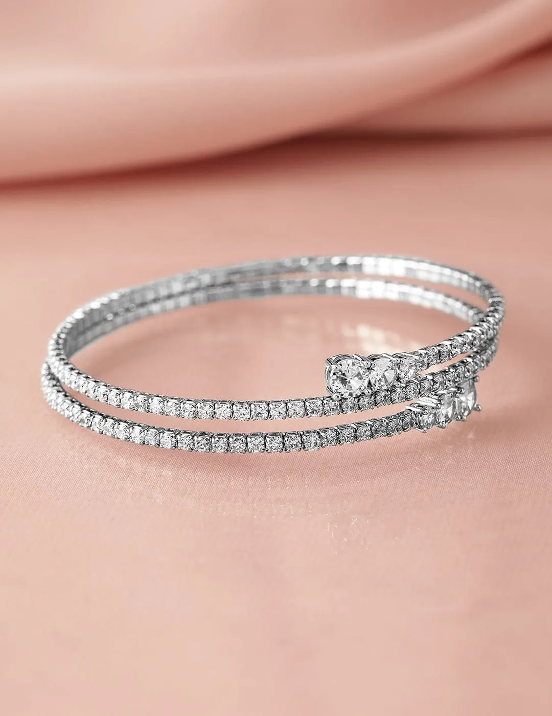 Rhodium-Plated AD & Cubic Zirconia Studded Double Line Bangle Bracelet