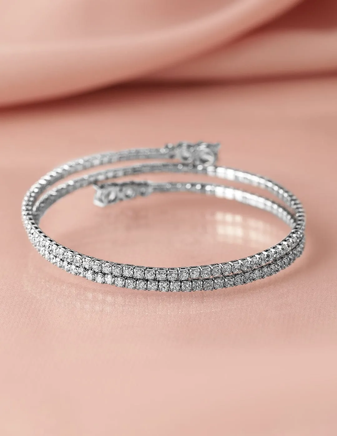 Rhodium-Plated AD & Cubic Zirconia Studded Double Line Bangle Bracelet