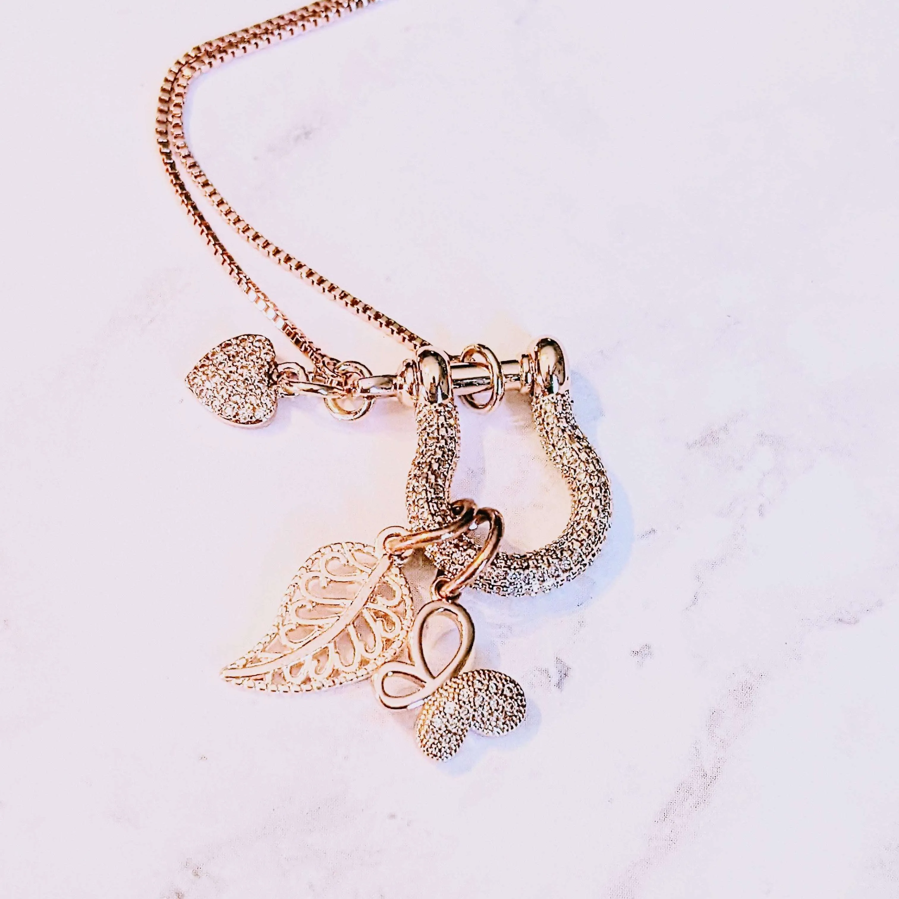 Rose-Gold Leaf Butterfly Charm Necklace, adjustable up to 24 inches