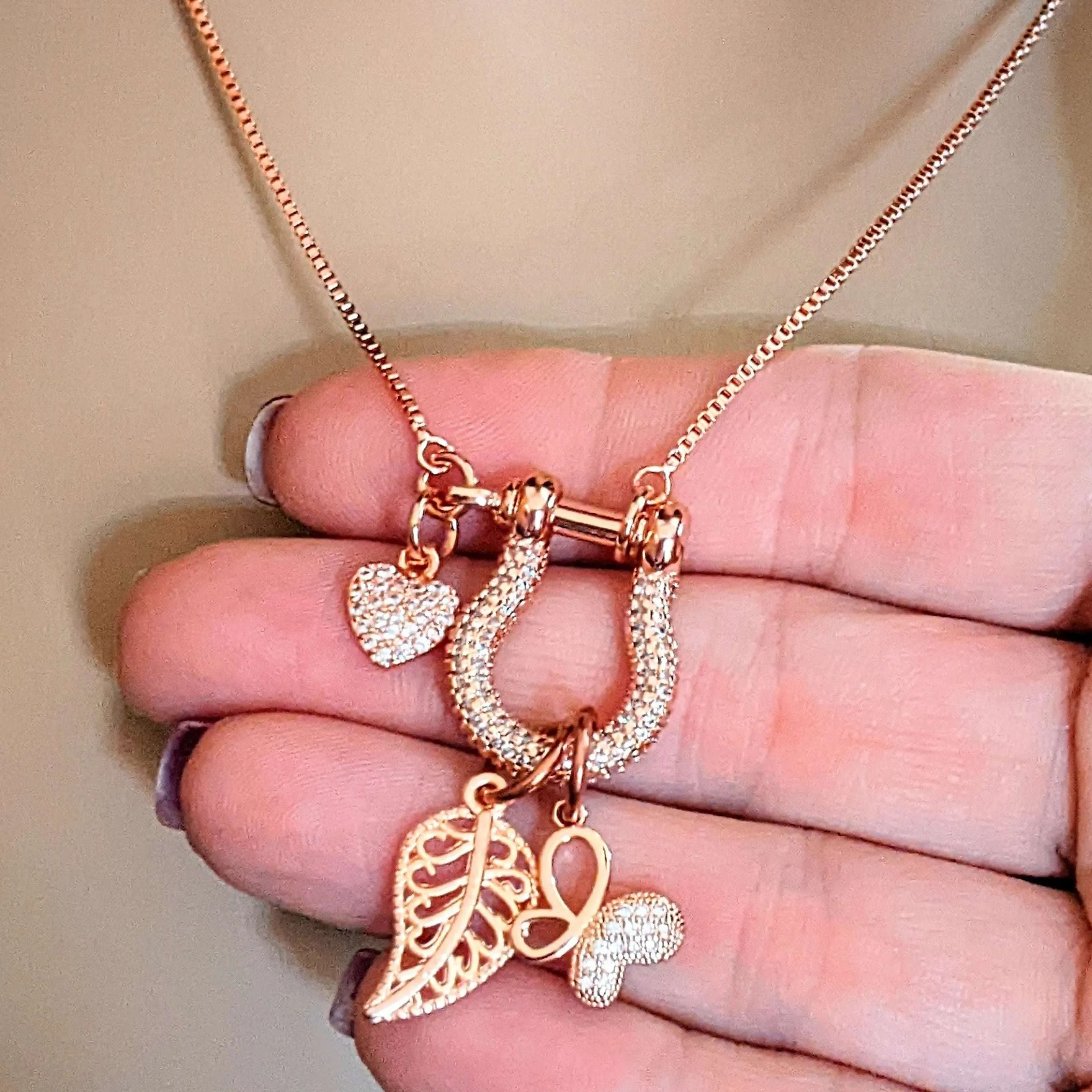 Rose-Gold Leaf Butterfly Charm Necklace, adjustable up to 24 inches