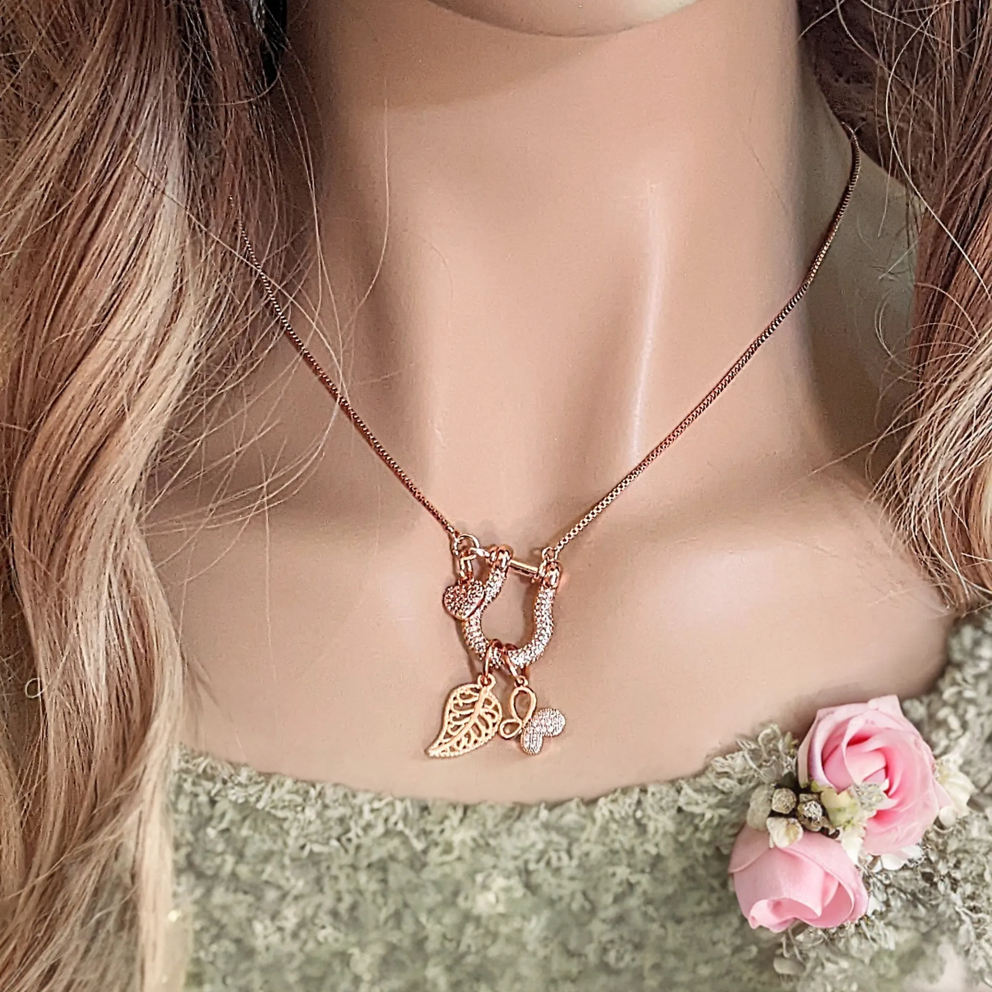 Rose-Gold Leaf Butterfly Charm Necklace, adjustable up to 24 inches