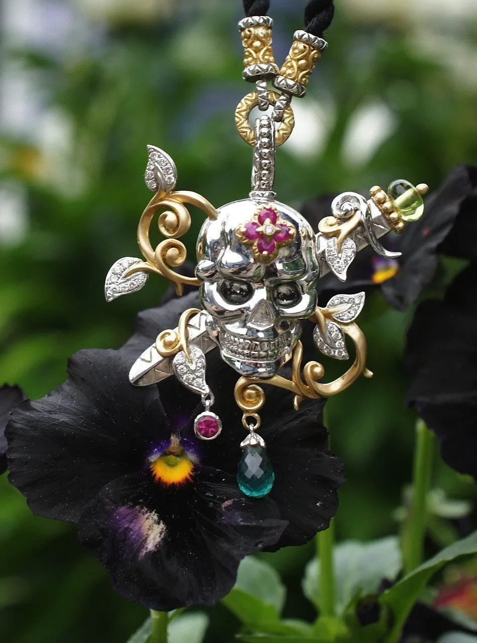 Roses Never Die Skull and Dagger Necklace – Diamond, Peridot, Pink Tourmaline, Ruby & Apatite