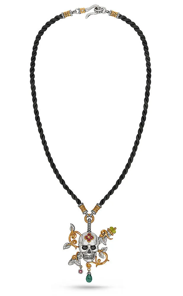 Roses Never Die Skull and Dagger Necklace – Diamond, Peridot, Pink Tourmaline, Ruby & Apatite