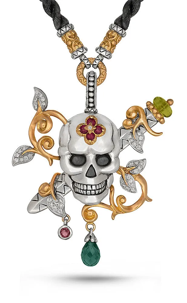 Roses Never Die Skull and Dagger Necklace – Diamond, Peridot, Pink Tourmaline, Ruby & Apatite