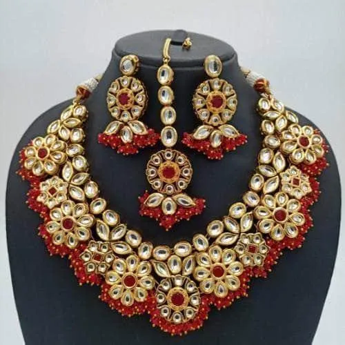 Round Flower Kundan Necklace Earring And Teeka Set