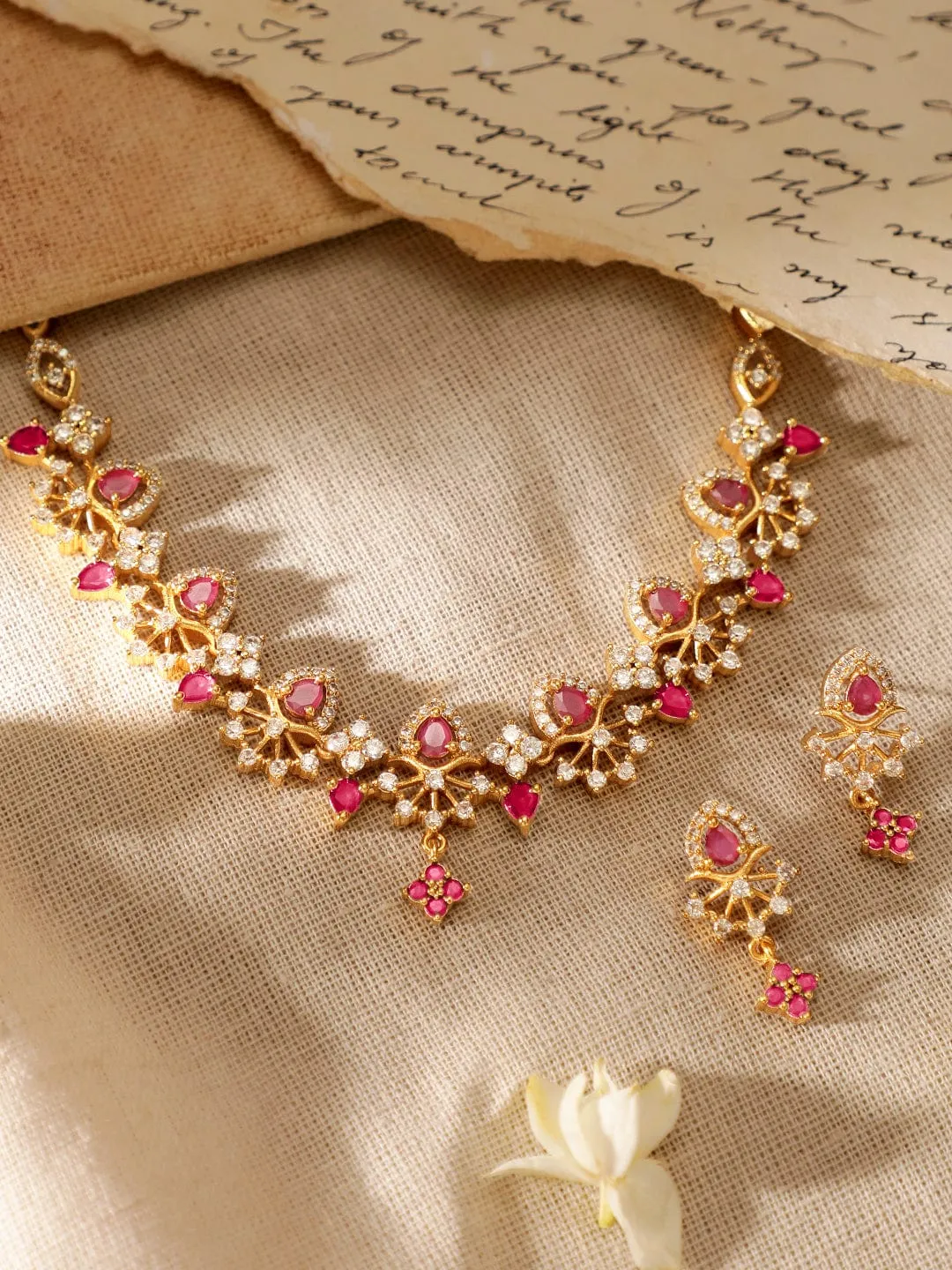 Rubans 22K Gold Plated Ruby & Cubic Zirconia Studded Handcrafted Traditional Jewellery Set