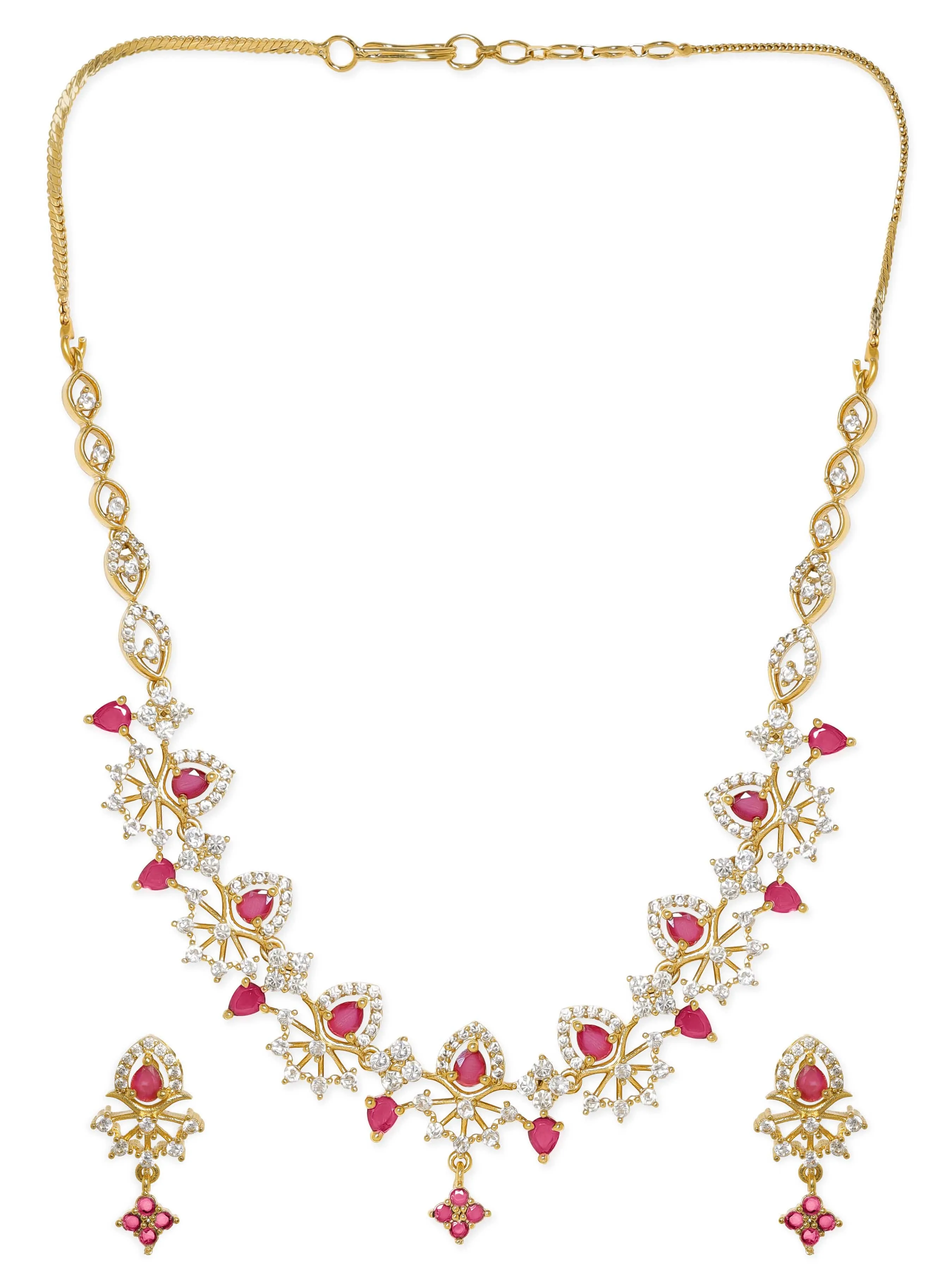 Rubans 22K Gold Plated Ruby & Cubic Zirconia Studded Handcrafted Traditional Jewellery Set