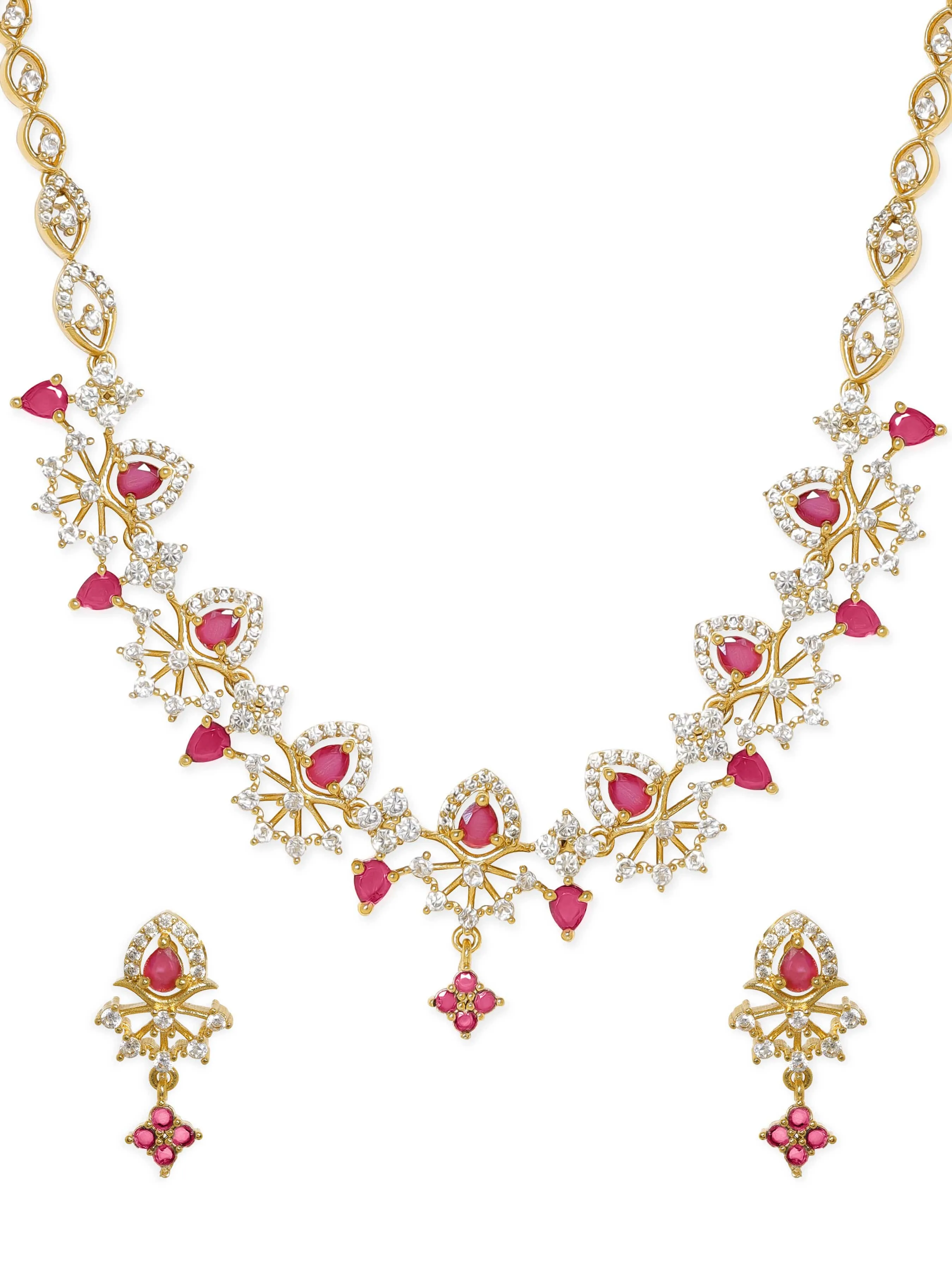 Rubans 22K Gold Plated Ruby & Cubic Zirconia Studded Handcrafted Traditional Jewellery Set