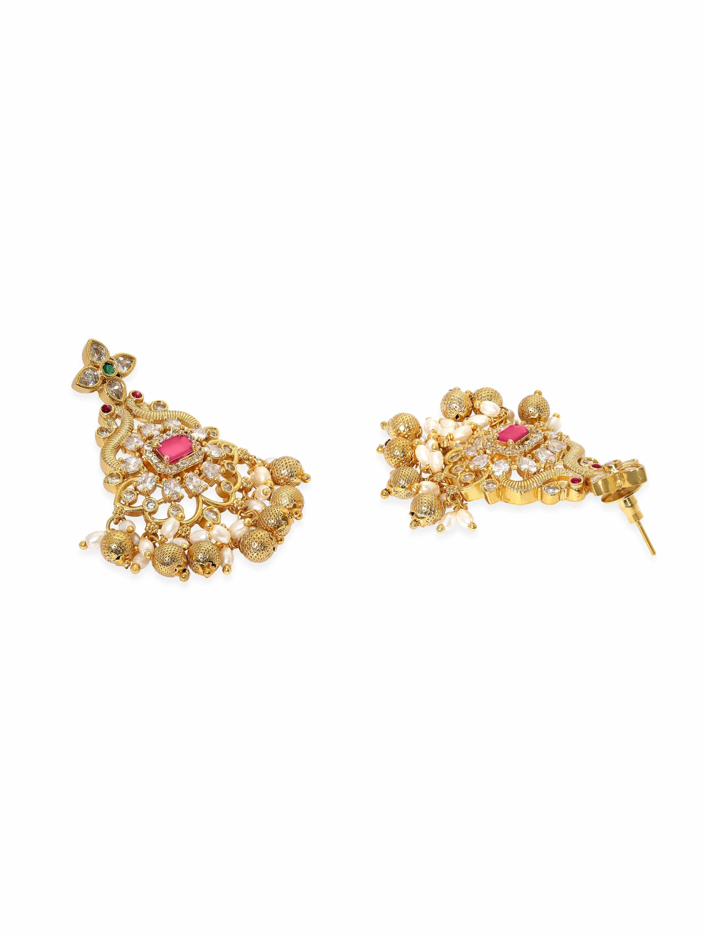 Rubans 22K Gold Plated Ruby & Cubic Zirconia Studded Jewellery Set with Golden & Pearl Beads