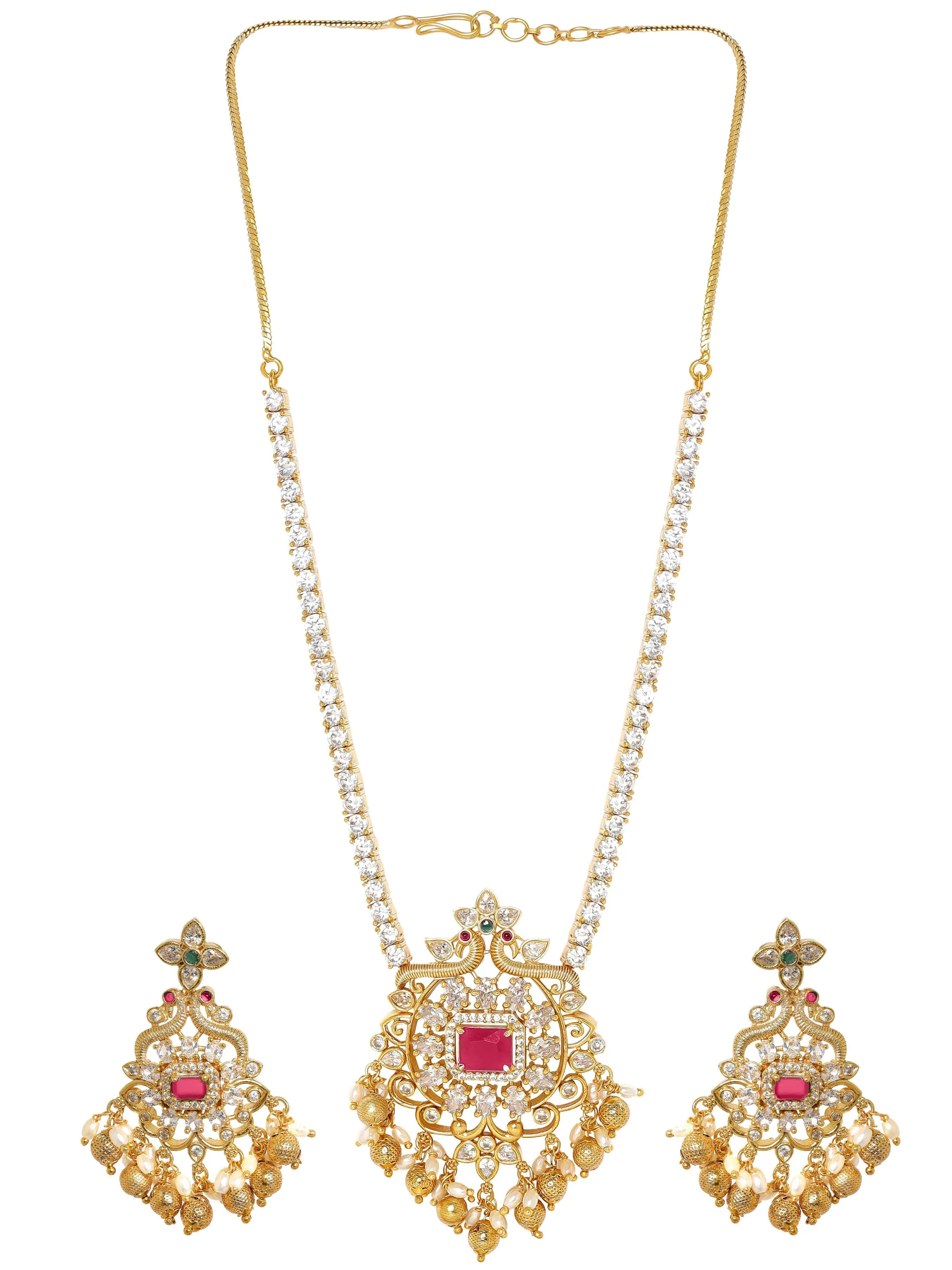 Rubans 22K Gold Plated Ruby & Cubic Zirconia Studded Jewellery Set with Golden & Pearl Beads