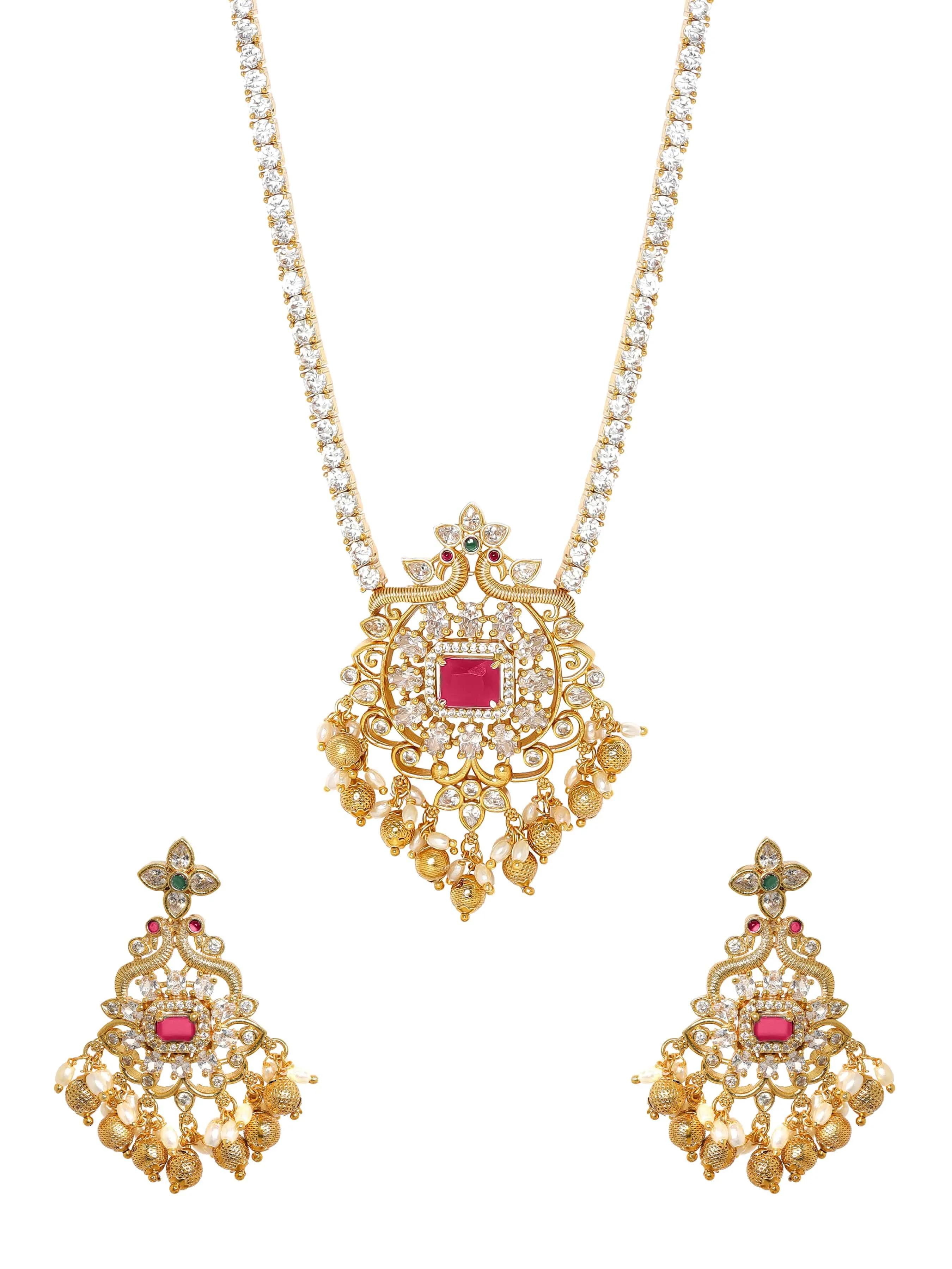 Rubans 22K Gold Plated Ruby & Cubic Zirconia Studded Jewellery Set with Golden & Pearl Beads