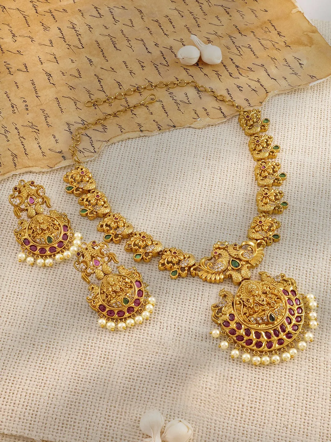 Rubans 22K Gold-Plated Ruby & Emerald Cubic Zirconia Studded Divine Lakshmi Temple Jewellery Set with Pearl Drops