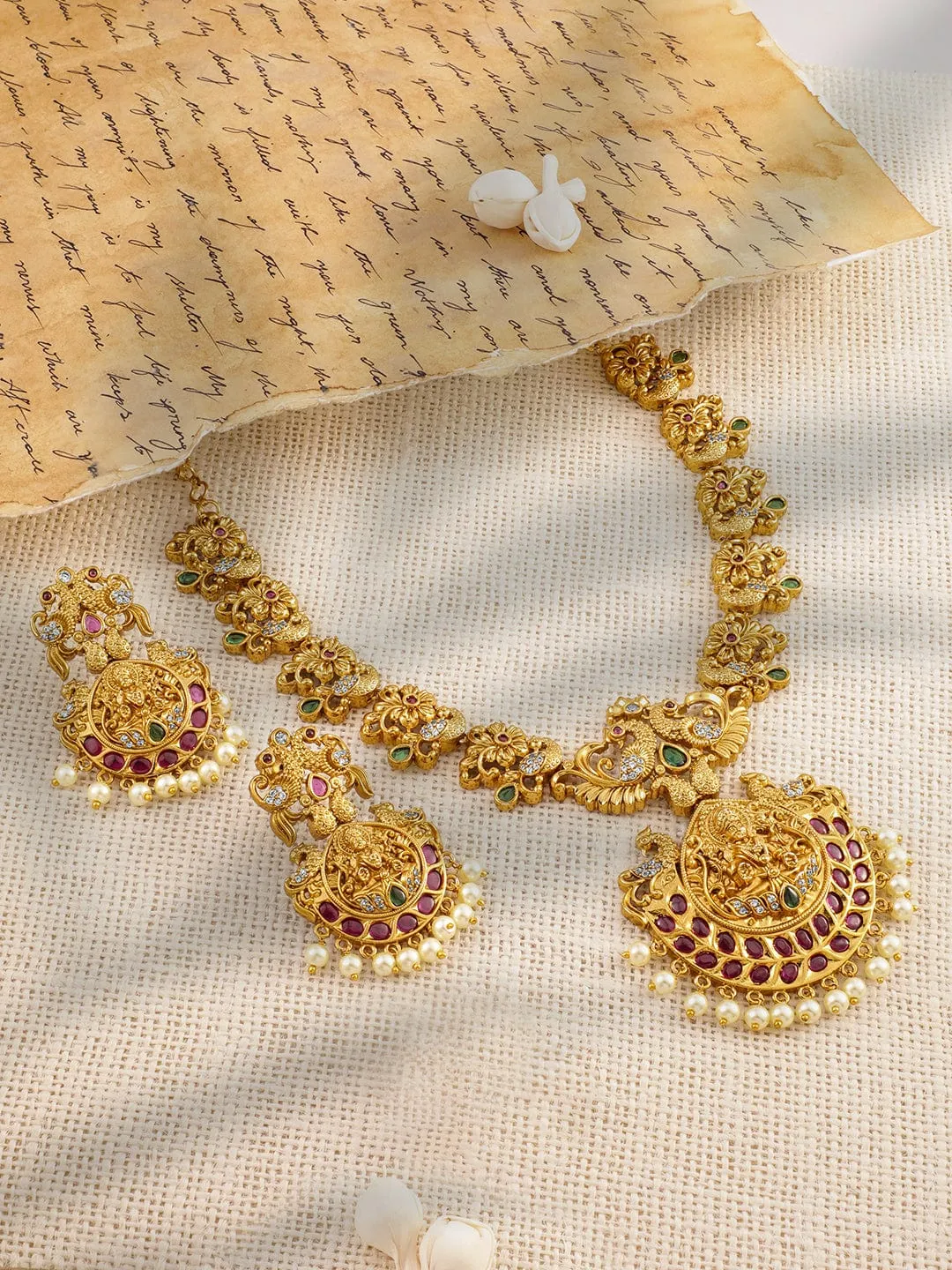 Rubans 22K Gold-Plated Ruby & Emerald Cubic Zirconia Studded Divine Lakshmi Temple Jewellery Set with Pearl Drops