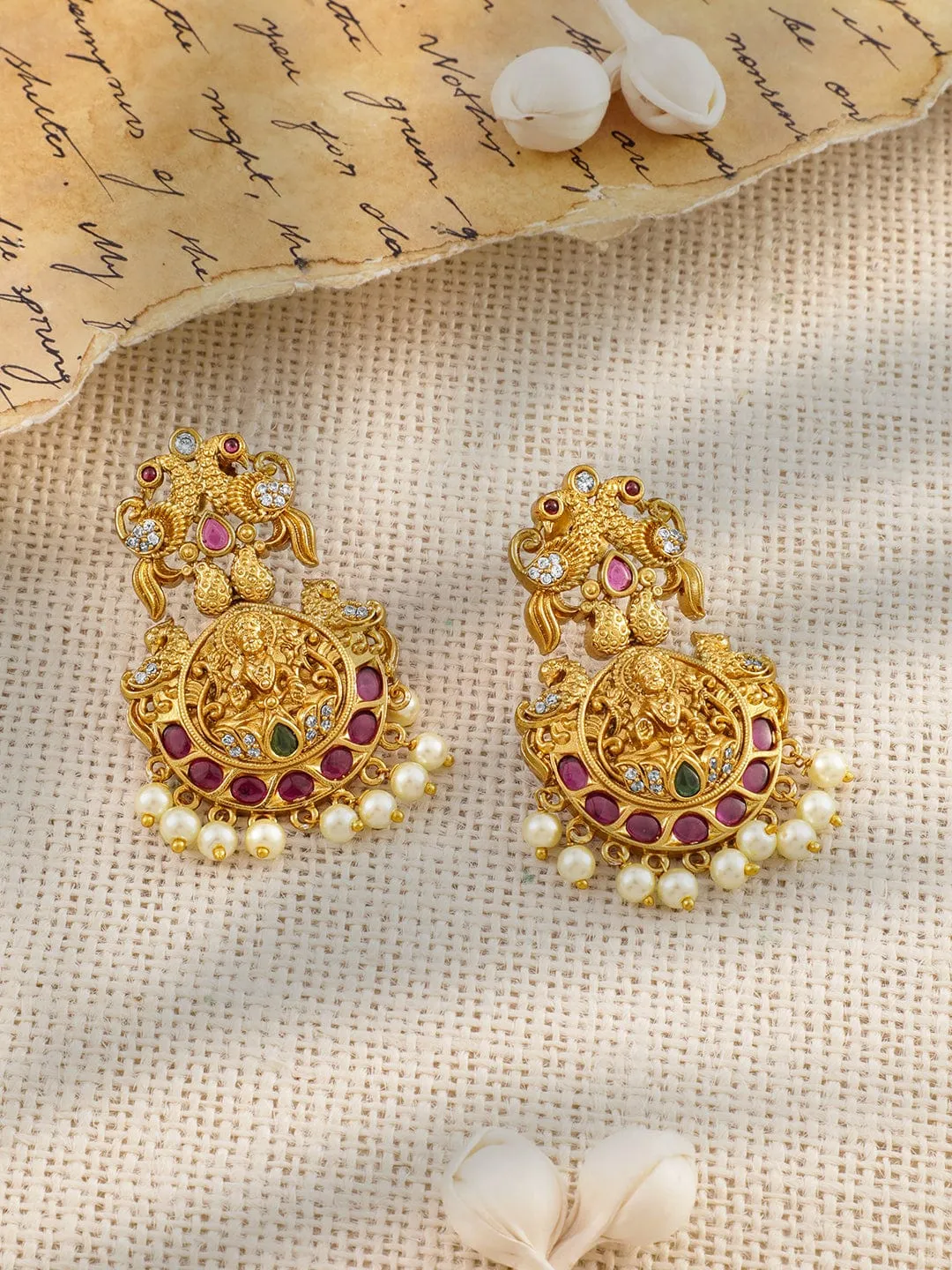 Rubans 22K Gold-Plated Ruby & Emerald Cubic Zirconia Studded Divine Lakshmi Temple Jewellery Set with Pearl Drops