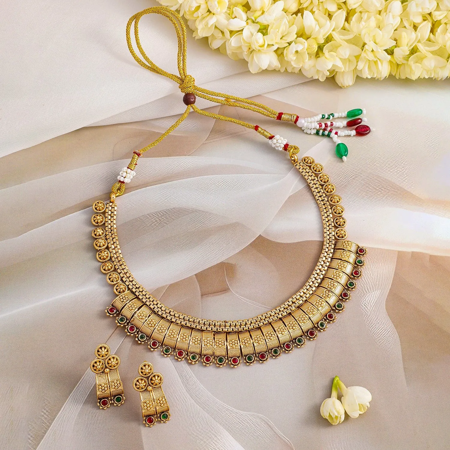 Rubans 22K Gold-Plated Ruby & Emerald Stones Handcrafted Traditional Necklace Set