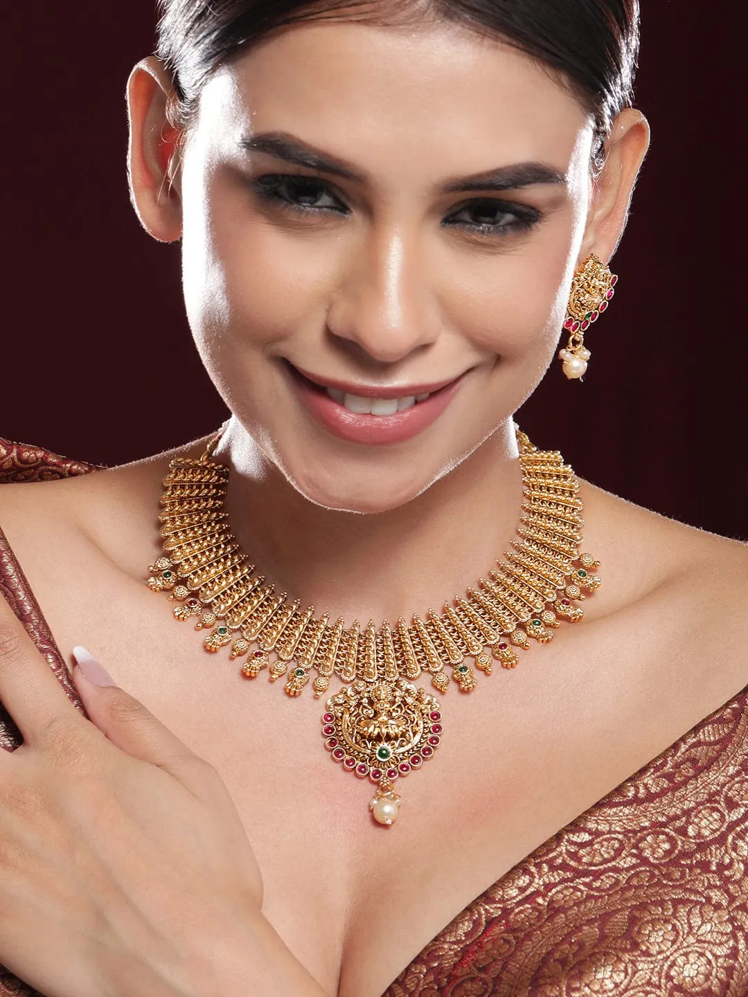 Rubans 22K Gold-Plated Ruby & Emerald Studded Lakshmi Temple Jewellery Set with Pearl Drop