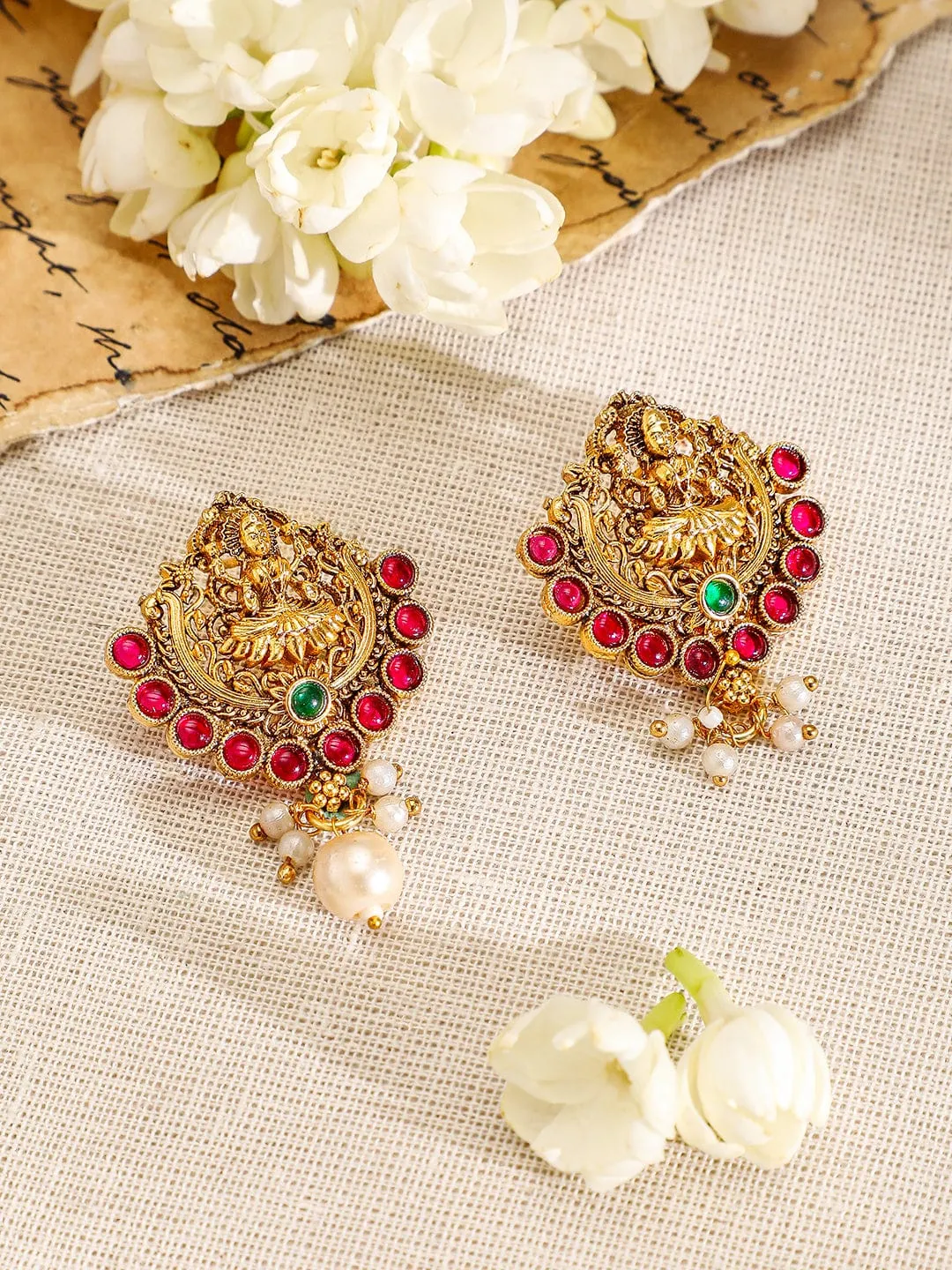 Rubans 22K Gold-Plated Ruby & Emerald Studded Lakshmi Temple Jewellery Set with Pearl Drop