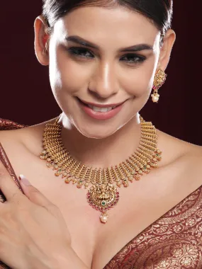 Rubans 22K Gold-Plated Ruby & Emerald Studded Lakshmi Temple Jewellery Set with Pearl Drop