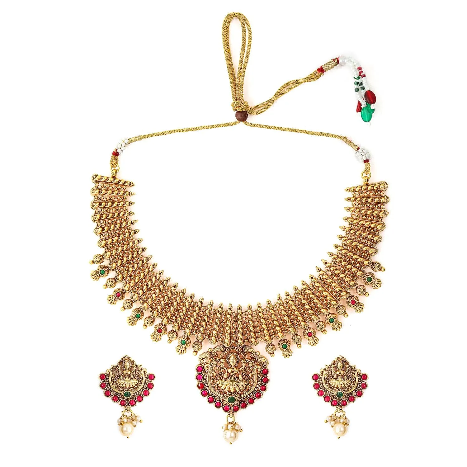 Rubans 22K Gold-Plated Ruby & Emerald Studded Lakshmi Temple Jewellery Set with Pearl Drop