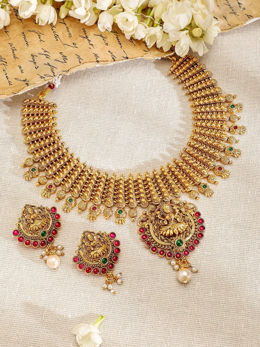 Rubans 22K Gold-Plated Ruby & Emerald Studded Lakshmi Temple Jewellery Set with Pearl Drop