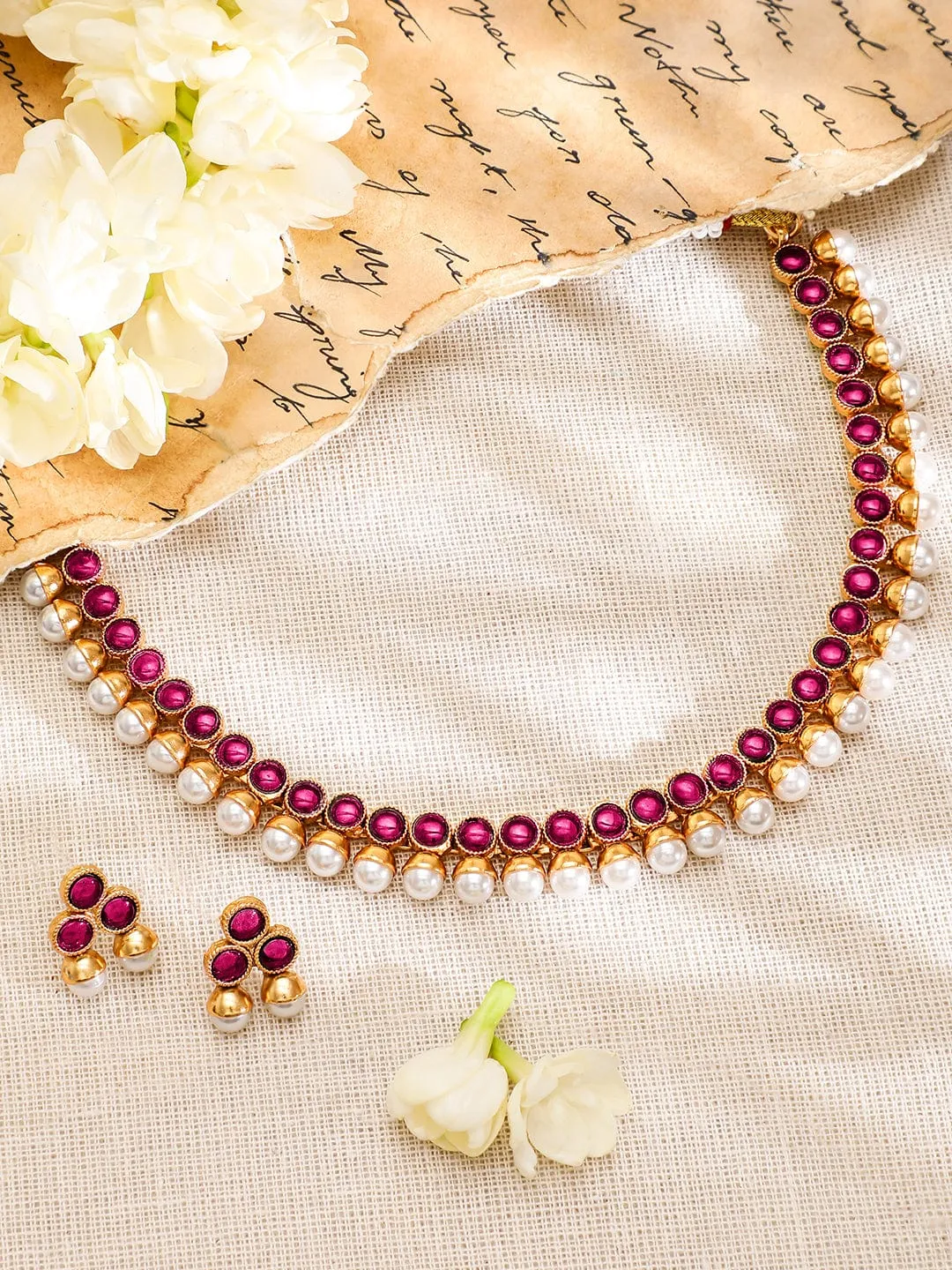 Rubans 22K Gold-Plated Ruby Pink & Pearl Beaded Traditional Jewellery Set