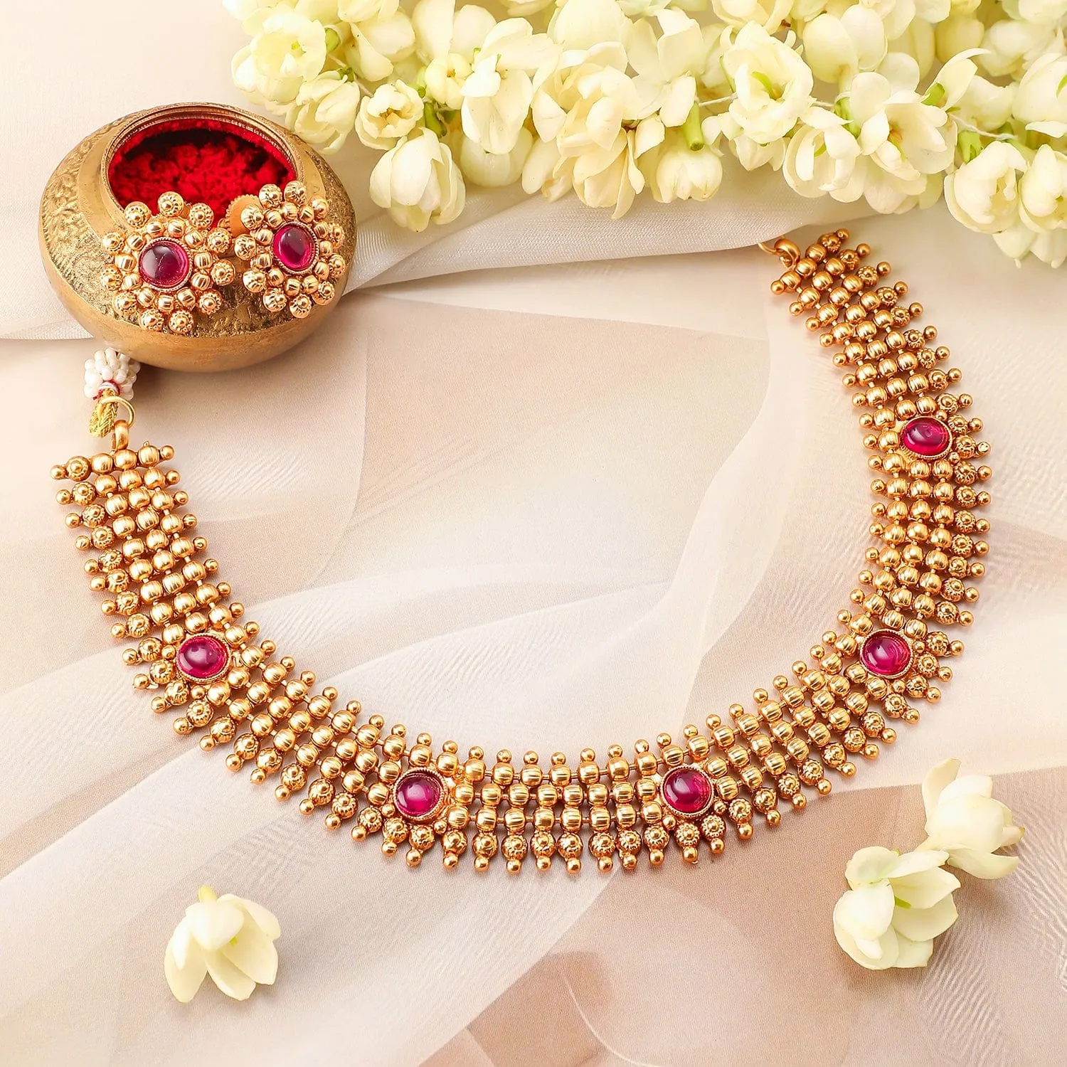 Rubans 22K Gold-Plated Ruby Pink Studded Traditional Choker Necklace Set with Gold Beads