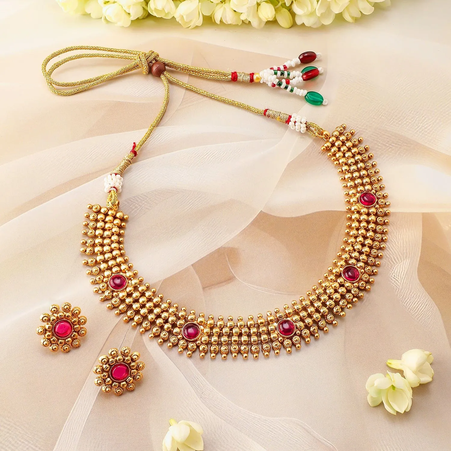 Rubans 22K Gold-Plated Ruby Pink Studded Traditional Choker Necklace Set with Gold Beads