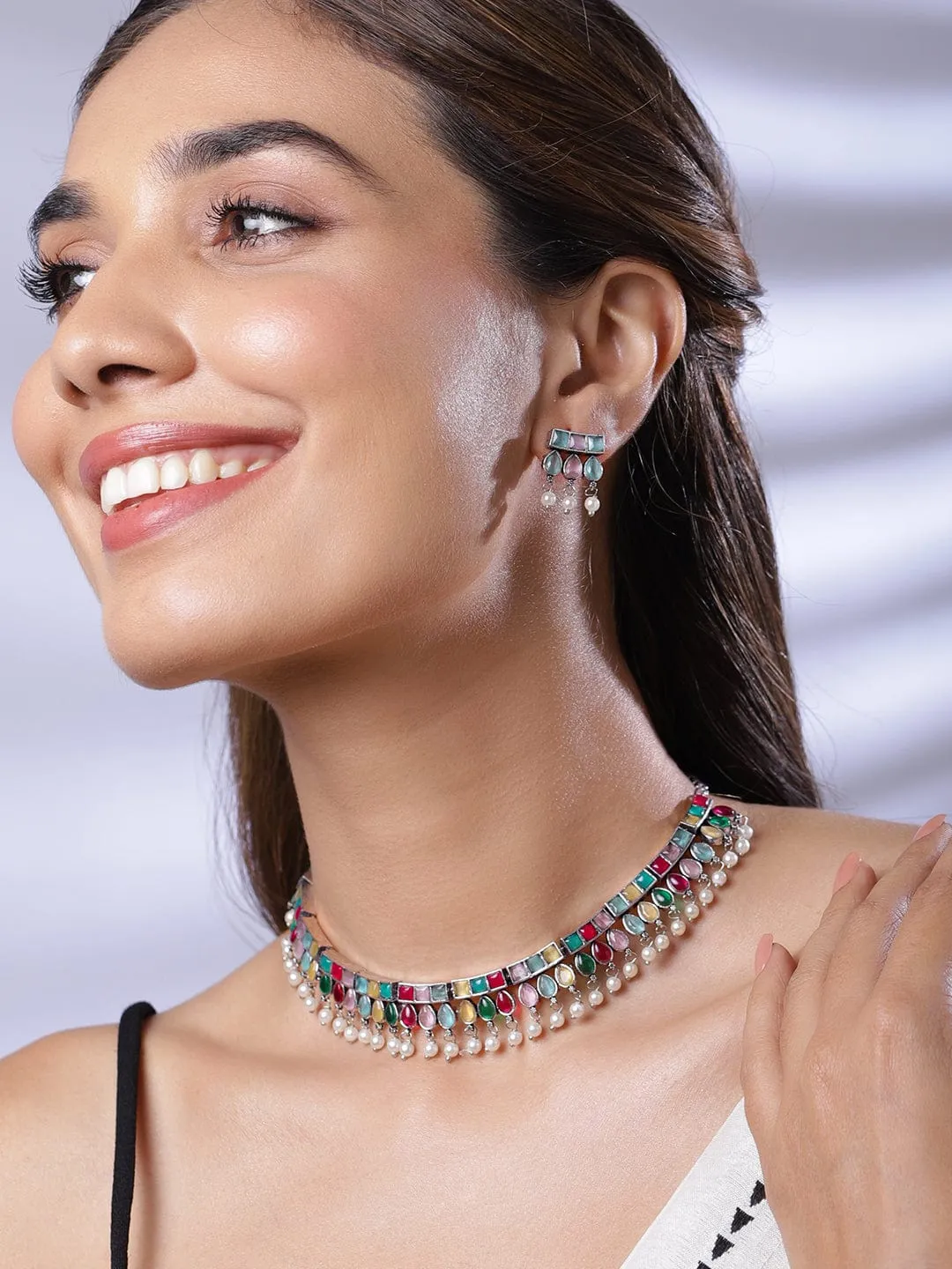 Rubans Oxidized Silver-Plated Multicolor Stone Studded with Pearl Beads Jewellery Set