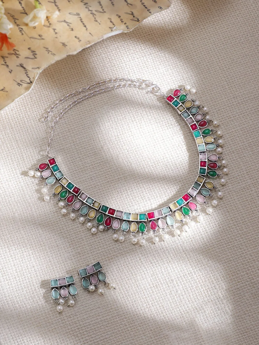 Rubans Oxidized Silver-Plated Multicolor Stone Studded with Pearl Beads Jewellery Set