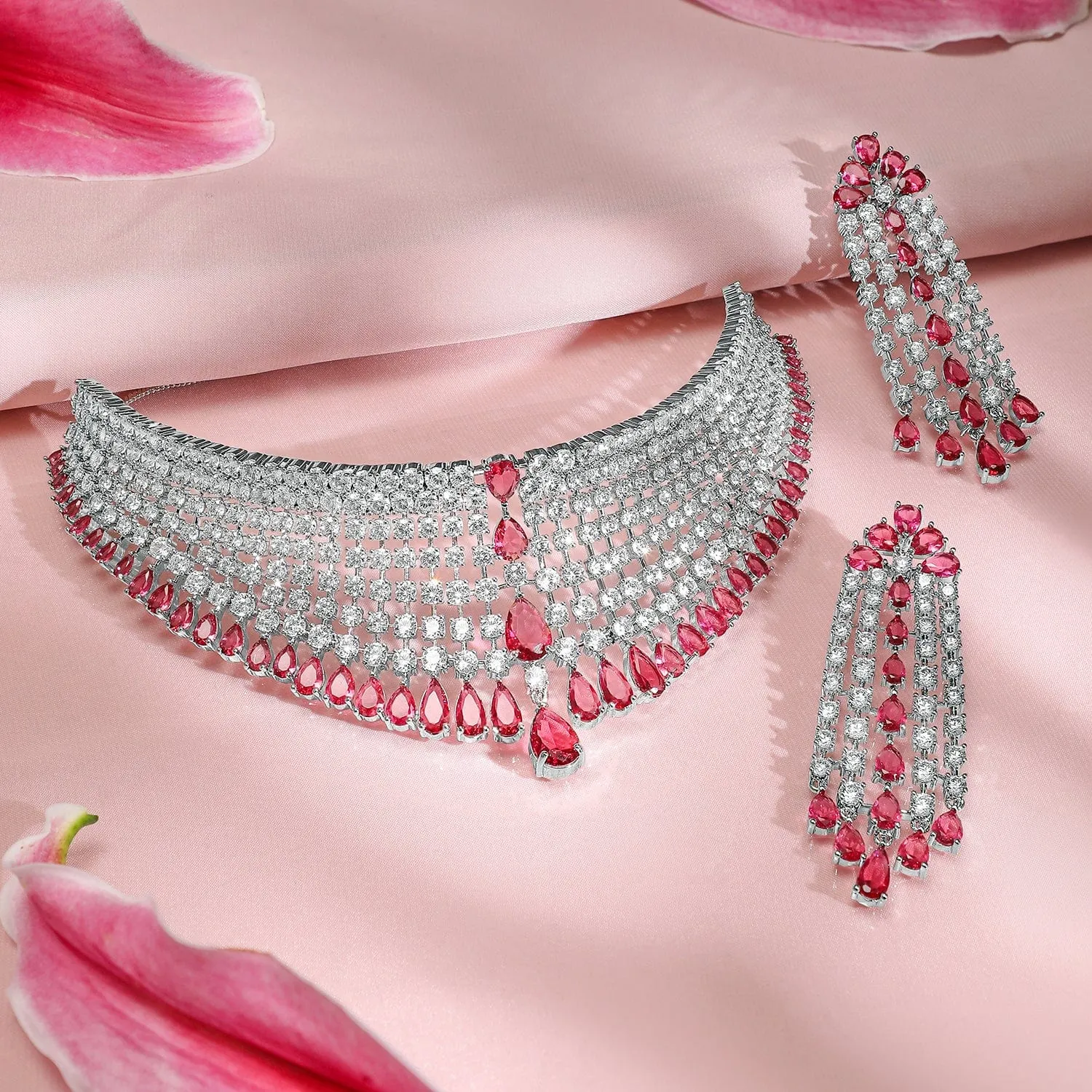 Rubans Rhodium-Plated Ruby & AAA Cubic Zirconia Studded Premium Choker Jewellery Set