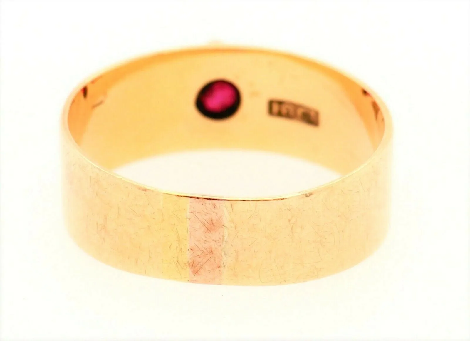 Ruby & 18ct Yellow Gold Wide Band Ring - Fine Vintage Jewellery - Size P 1/2