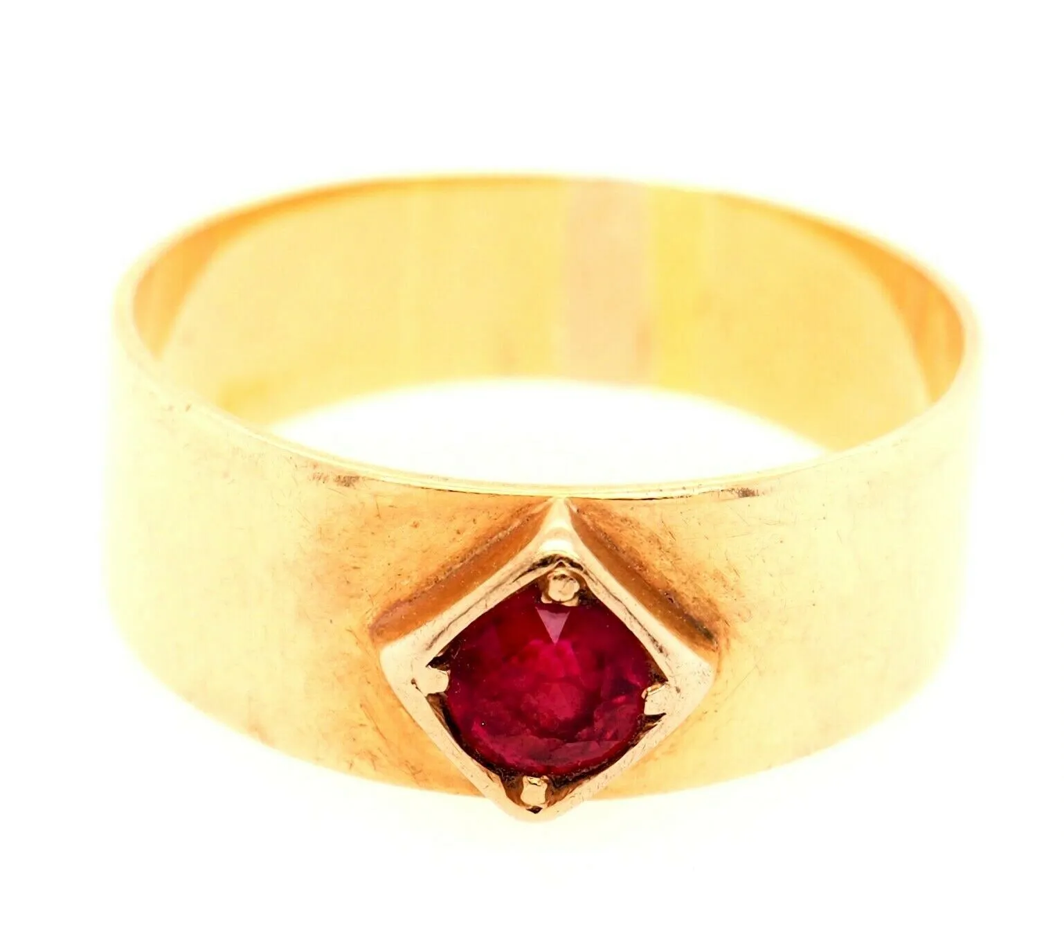 Ruby & 18ct Yellow Gold Wide Band Ring - Fine Vintage Jewellery - Size P 1/2