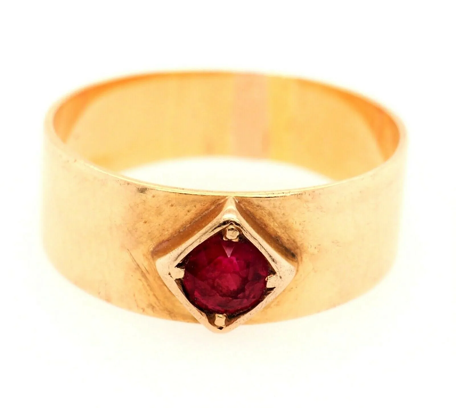 Ruby & 18ct Yellow Gold Wide Band Ring - Fine Vintage Jewellery - Size P 1/2