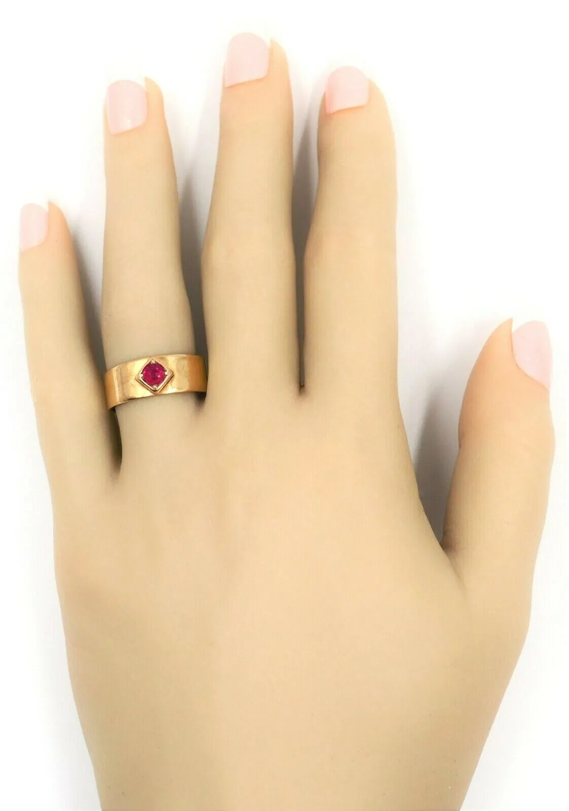 Ruby & 18ct Yellow Gold Wide Band Ring - Fine Vintage Jewellery - Size P 1/2